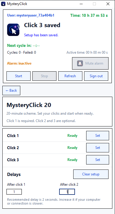 MysteryClick click setup panel